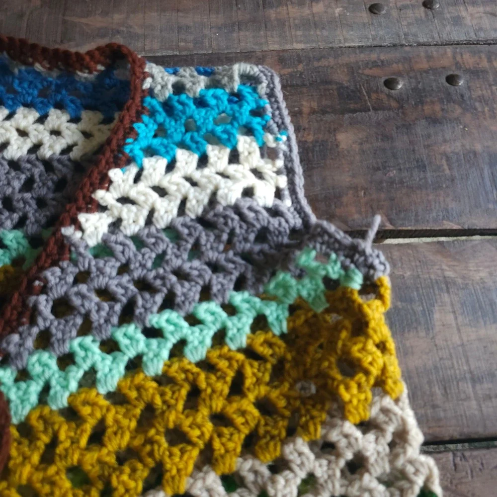 Handmade Crochet Granny Stitch Vest Multi Color Striped Boho Open Front 1970s 60